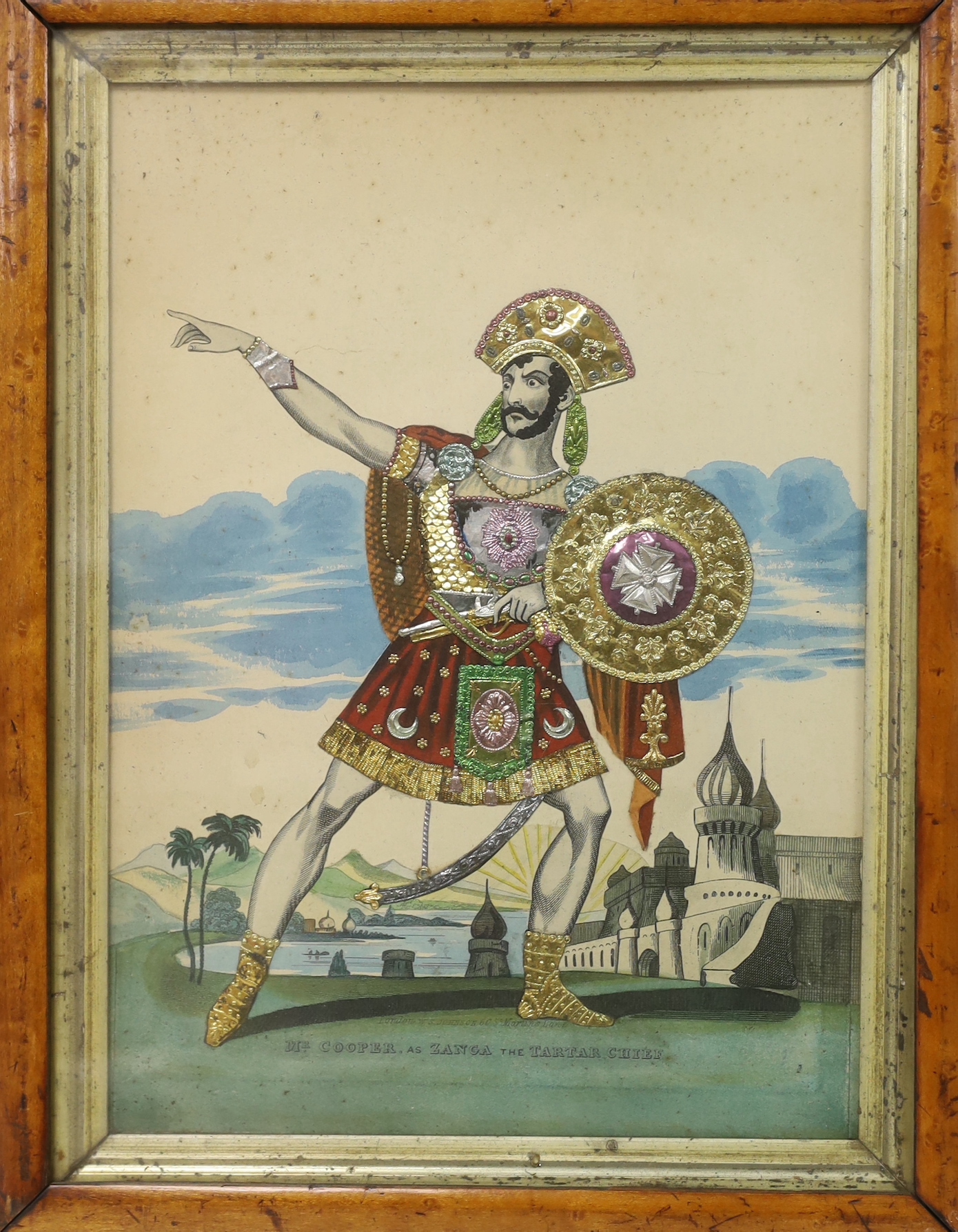 Two early 19th century hand coloured tinsel prints, St George and The Dragon and Mr Cooper as Zanga the Tartan Chief, maple framed, each 30cm x 21cm
